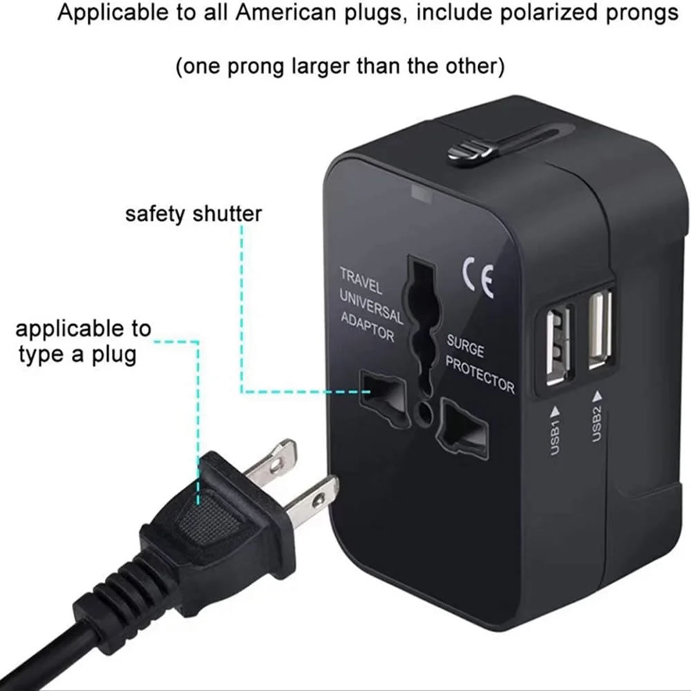 Worldwide Power Adapter and Travel Charger with Dual USB ports that works in 150 countries
